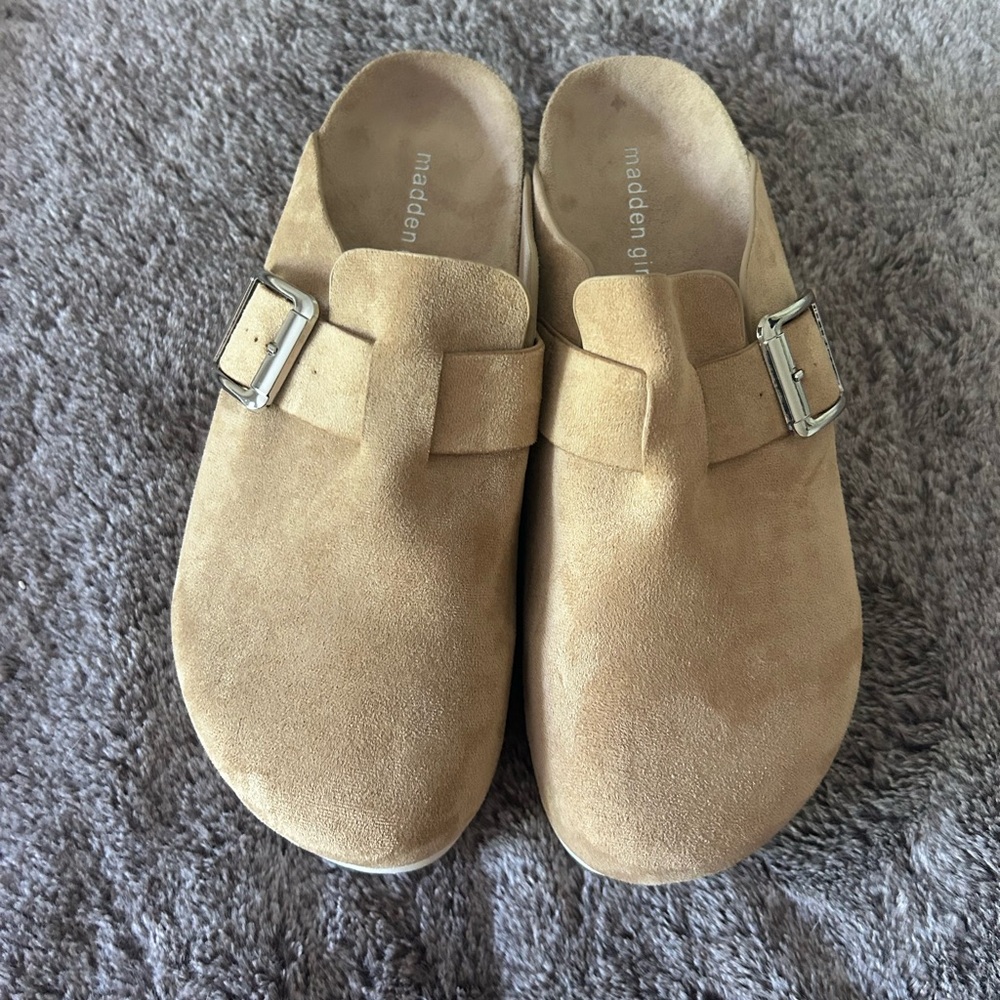 Madden Girl Beige Suede Buckle Clogs - Picture 2 of 6